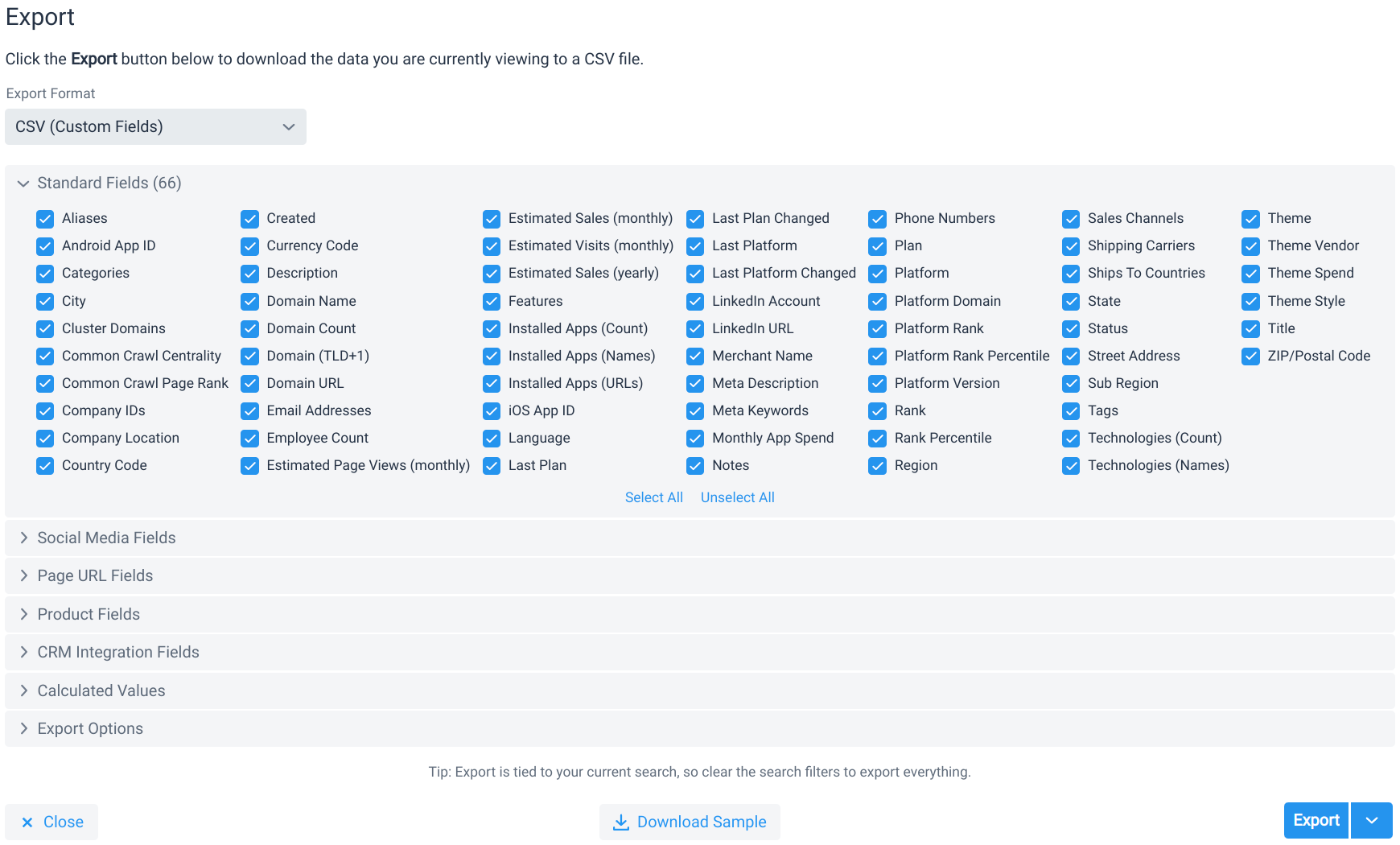 Export dialog